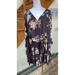 Oddy Womens Plus Sz 3X Brown Floral Bell Sleeve Belted Romper Fairy Cottagecore